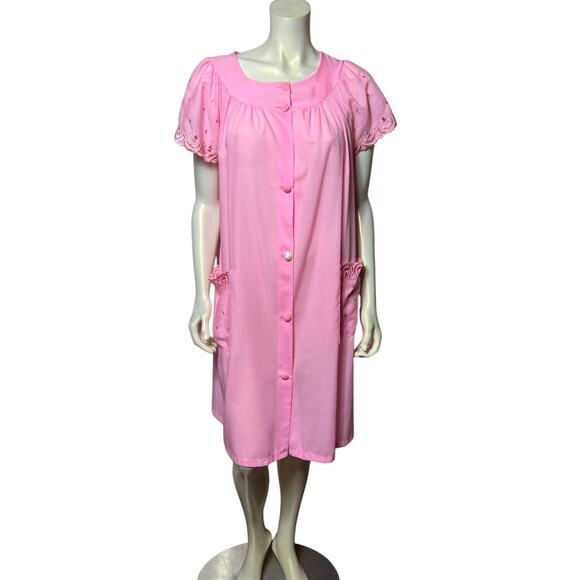 Vintage Pink Nightgown Robe House Dress Embroidered Rose Scalloped Sleeves - Picture 2 of 10